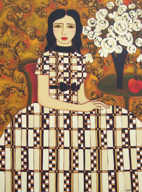 A seated woman with long black hair and and black, gold and white patterned gown. A Vase with White Roses sits on a table beside her along with a red apple