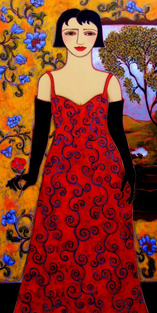 A woman with Short Black Hair, a red gown and long black gloves holds a single rose. In the background against a floral patterned wall hangs a Landscape painting