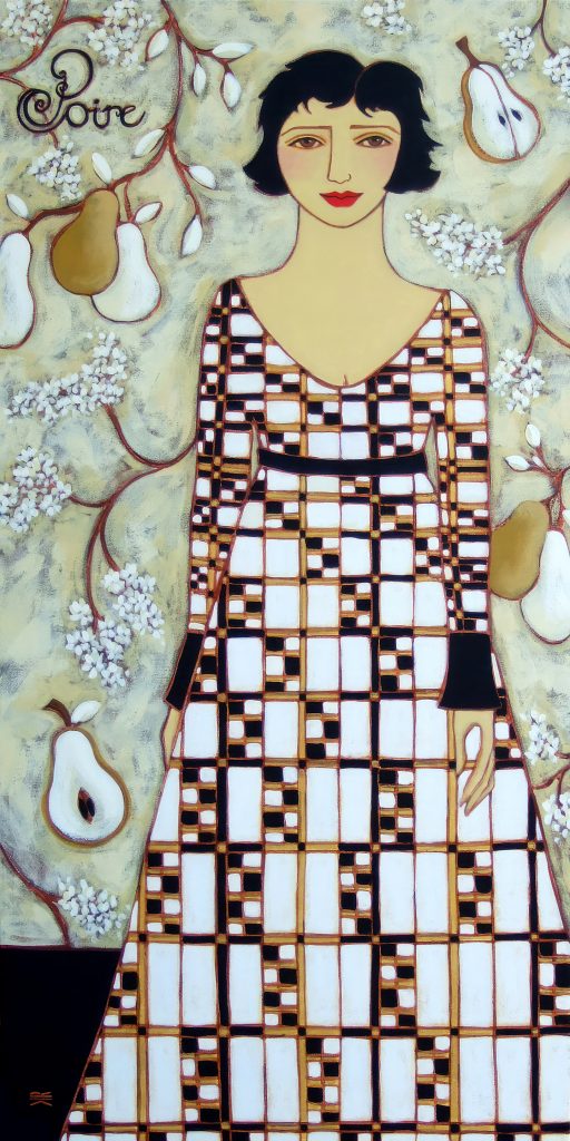 A woman in a black, white and gold patterned dress stands against a background with white and ochre pears