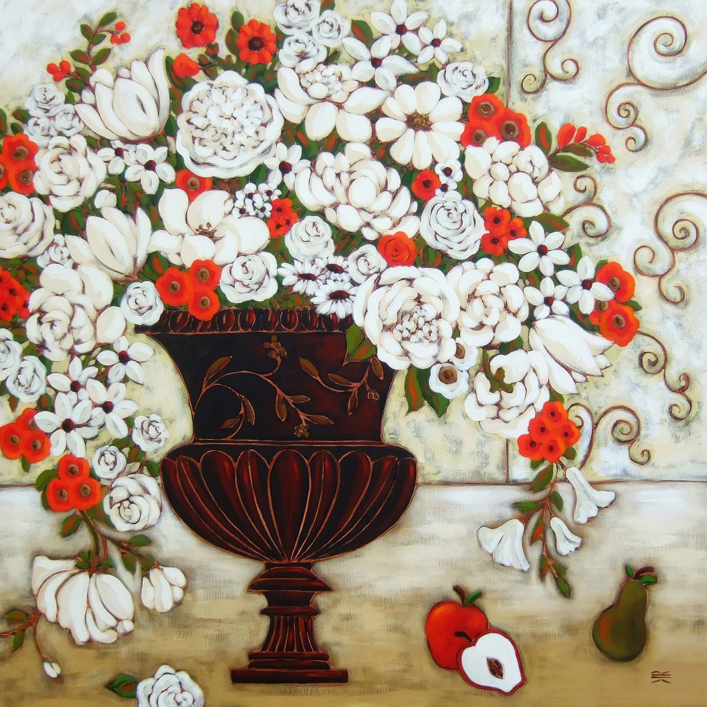 Still Life Painting with a deep umber Jardiniere filled with White and Red Flowers. Two apples and a pear sit on the table top
