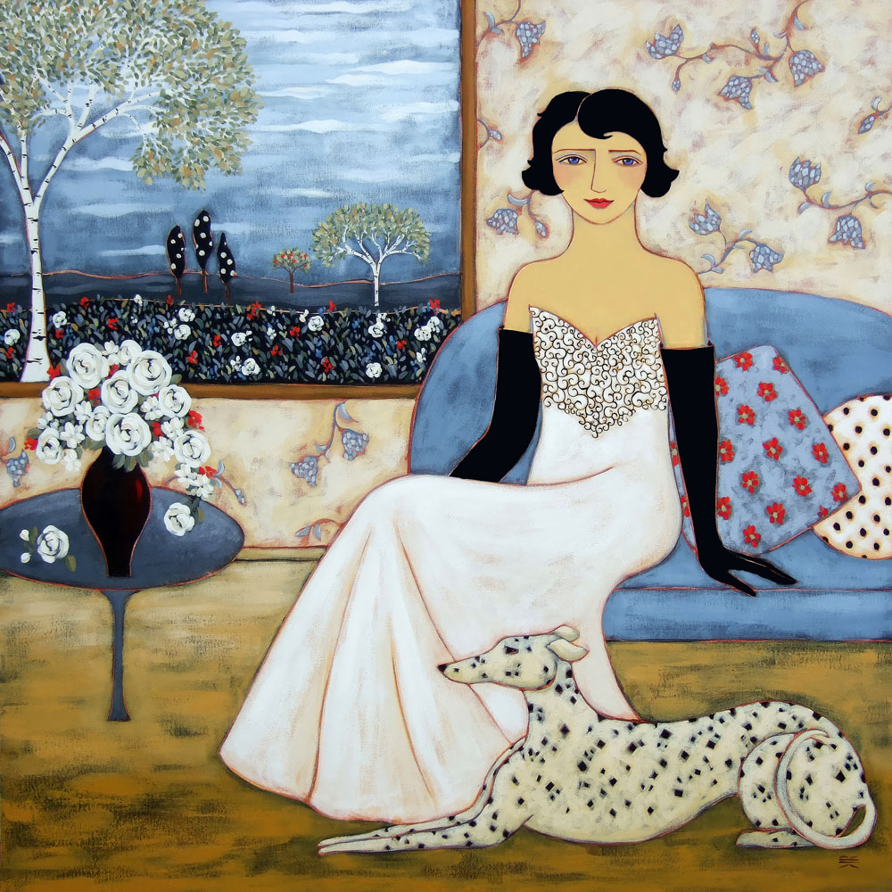 A Woman in a White Gown and Long Black Gloves sits on a Blue Sofa. At her feet is her pet Dalmatian. In the Background hangs a large landscape painting with Birch trees. In the foreground is a table with a bouquet of white roses.