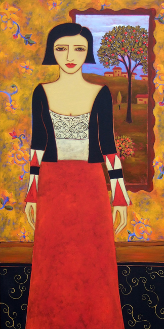 A Woman with a Black Jacket and Red Skirt Stands in front of an Evening Landscape