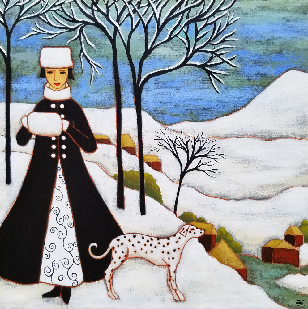 a woman in a long black coat stands on a wintry hillside with her pet Dalmatian at her side